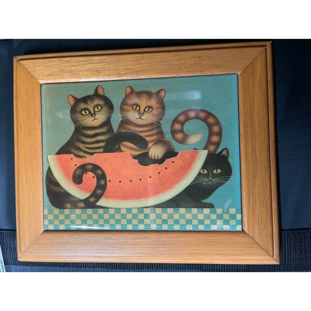 Vintage 3 Cats & Watermelon Tile by Virginia's Country Creation Artwork Picture